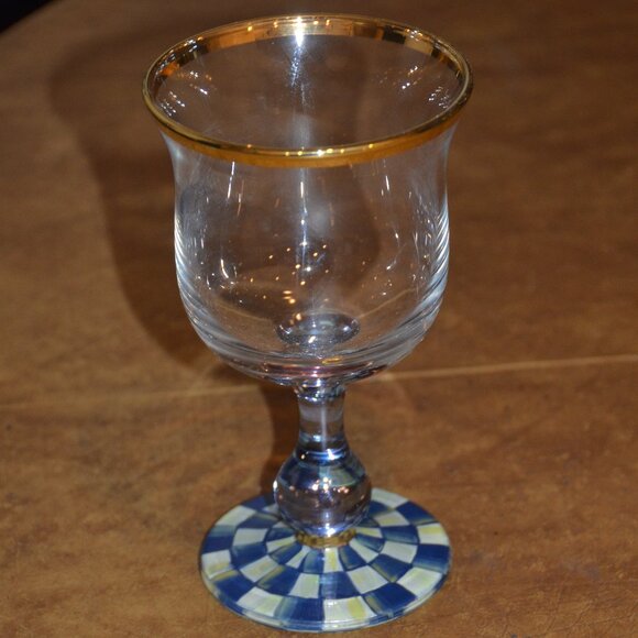 RARE RETIRED DESIGNER MACKENZIE CHILDS BLUE ROYAL CHECK GOLD WATER GLASS GOBLET - Picture 2 of 11